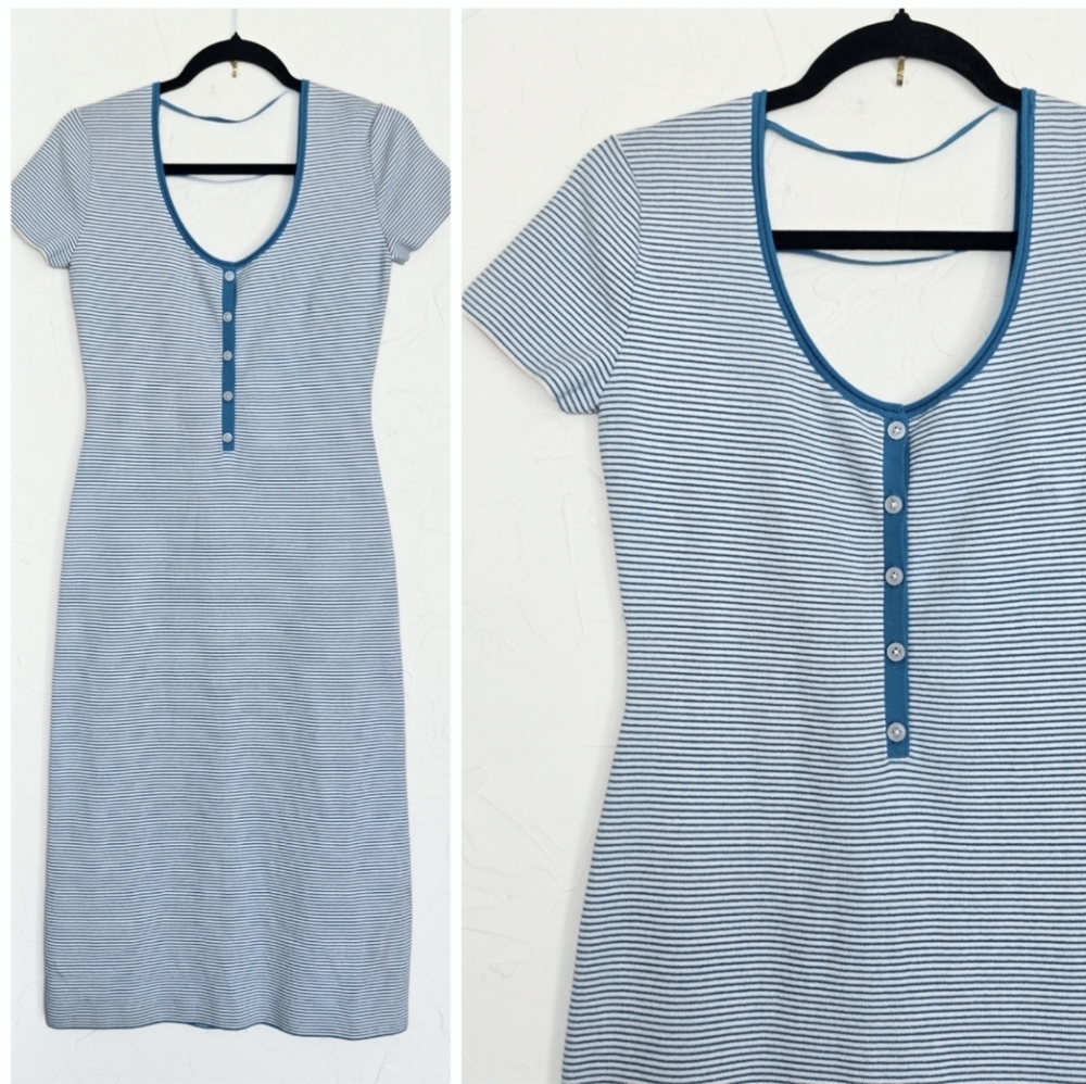 Ciao Lucia Knit Striped Half Button Blue White Dress